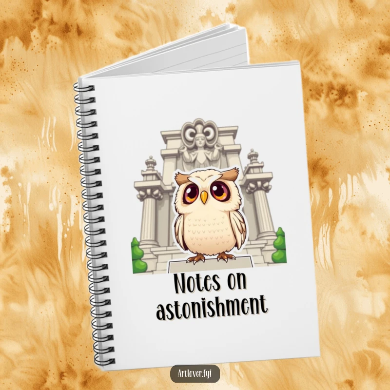 Funny owl notebook with a surprised owl with large eyes looking up at a grand statue, designed for creatives and art lovers.