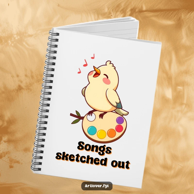 Funny notebook featuring a happy bird singing on a colorful palette, inspiring musical and artistic ideas.