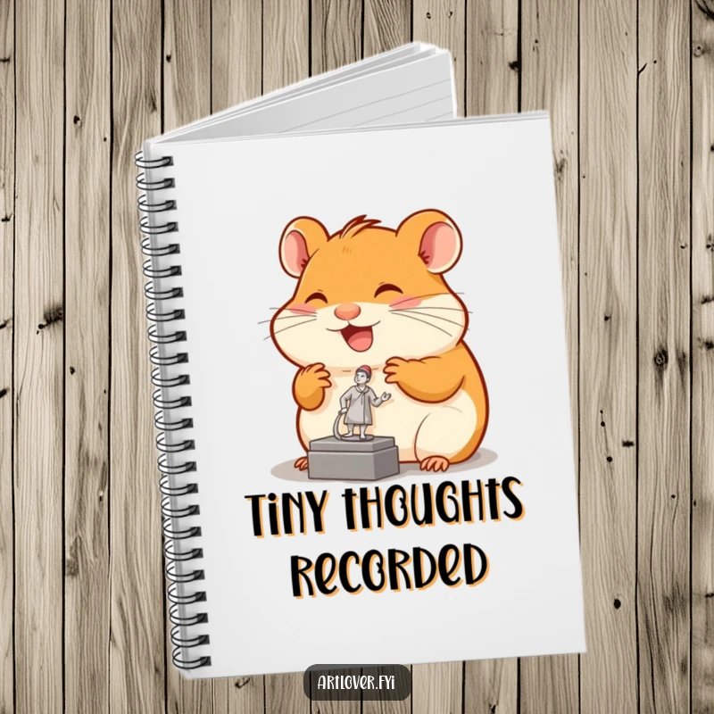 Funny hamster notebook with a joyful rodent admiring a tiny sculpture, designed for creatives and art lovers.