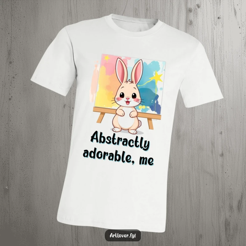 Funny T-Shirt: A cool bunny poses confidently before a vibrant, abstract painting, radiating artistic confidence and playful charm.