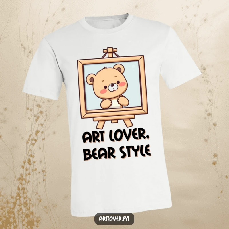 Funny Bear Cub T-Shirt of a smiling cub sighing while looking at a framed painting, a humorous art appreciation statement.