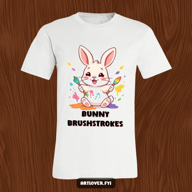 Funny Rabbit Painter T-Shirt: A happy rabbit artist creating art with colorful paw prints, a humorous and charming design.