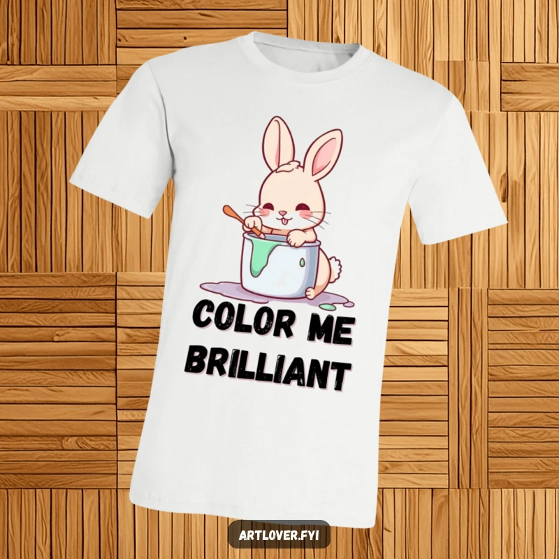 Funny painting rabbit t-shirt, a playful bunny with a paw dipped in paint, looking mischievous and artistic.