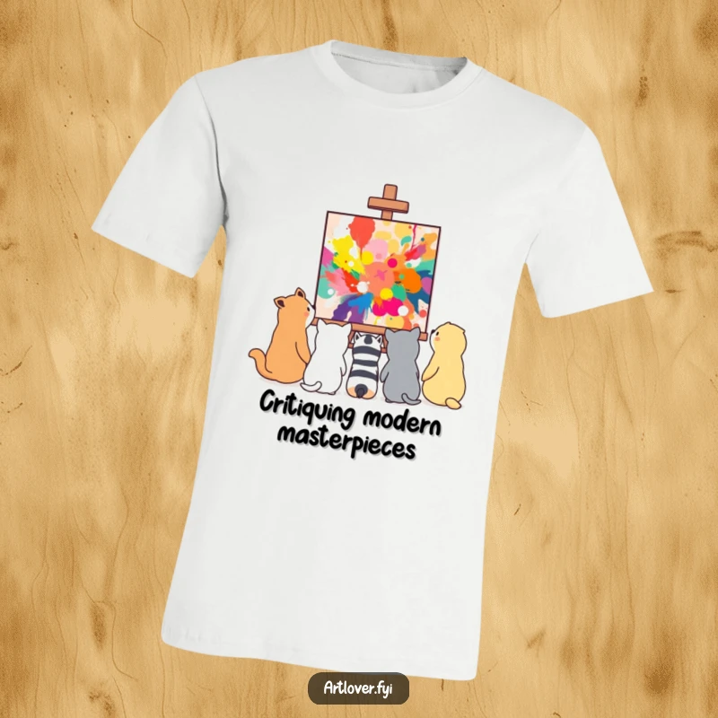Funny diverse animals looking with wonder at a vibrant abstract painting, printed on a comfortable t-shirt.