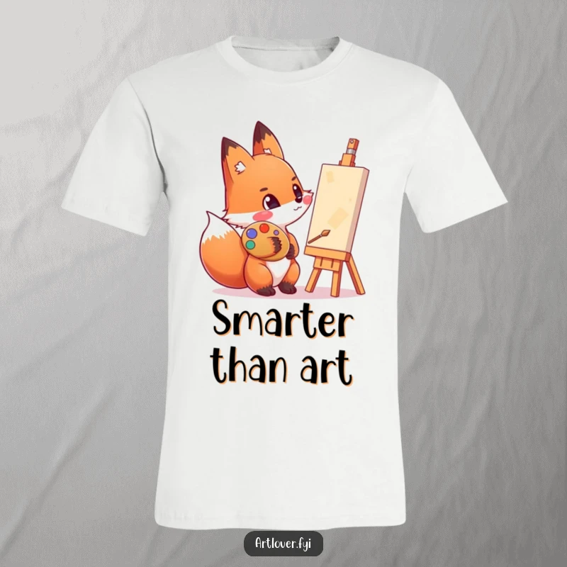 Funny fox t-shirt with a palette smeared on its cheek, admiring a canvas with enthusiastic artistic focus.
