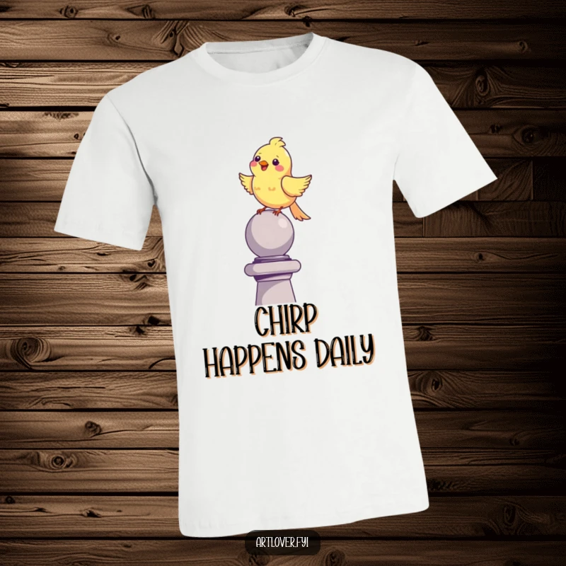Funny happy bird t-shirt, perched high on a sculpture, chirping merrily, a symbol of joy and freedom.