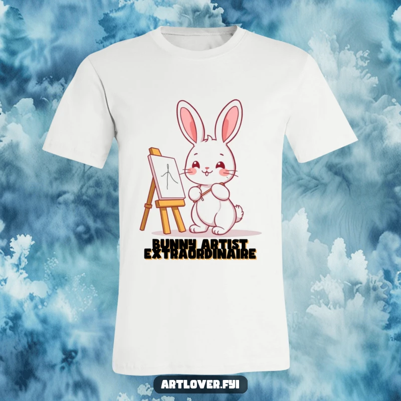 Funny Bunny Artist T-Shirt depicts a cute kawaii bunny with an easel, enthusiastically drawing, a humorous gift for art enthusiasts.