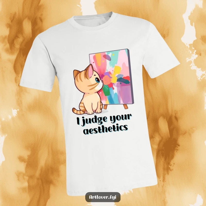 Funny cat t-shirt featuring a curious feline staring intently at a vibrant abstract painting, perfect for art-loving cat owners.