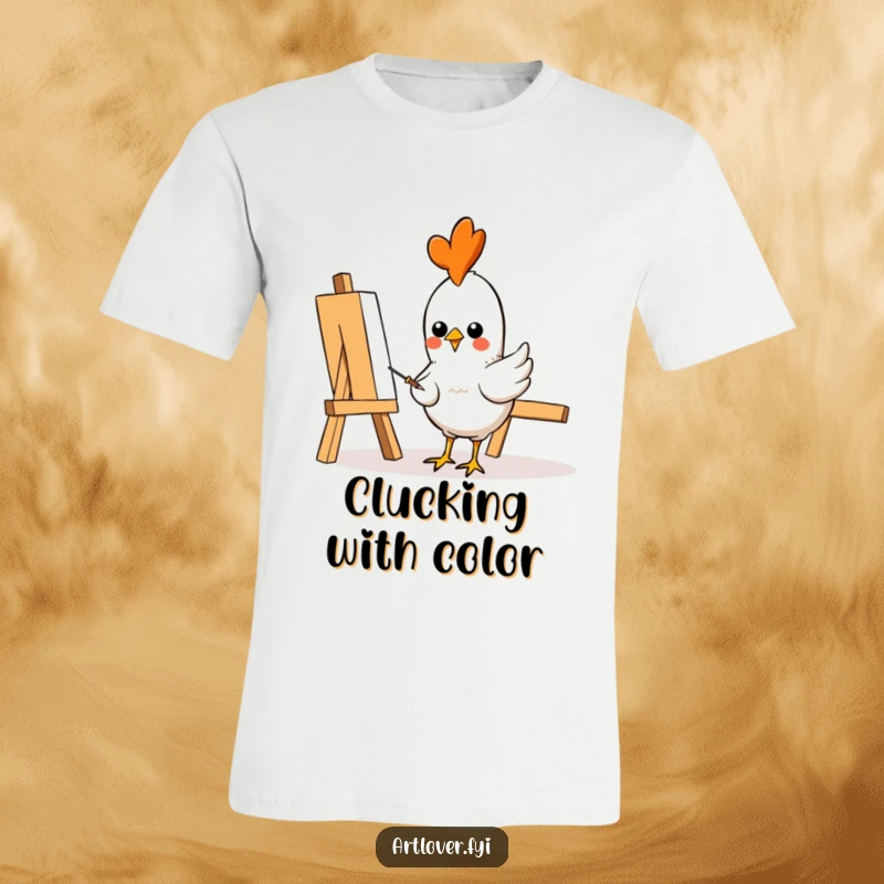 Funny T-Shirt: A cheerful chicken artist focused on pecking a canvas, splattering paint artistically, looking proud of its work, funny gift.
