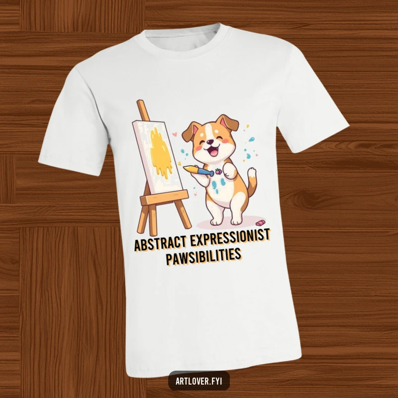 Funny t-shirt of a dog enthusiastically splashing paint on a canvas with a brush, showcasing a hilarious artistic endeavor.