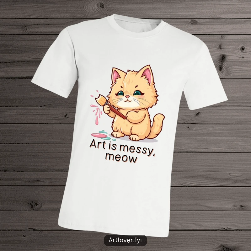 Funny T-shirt with a fluffy cat holding a paintbrush, creating a masterpiece of paint splatters.