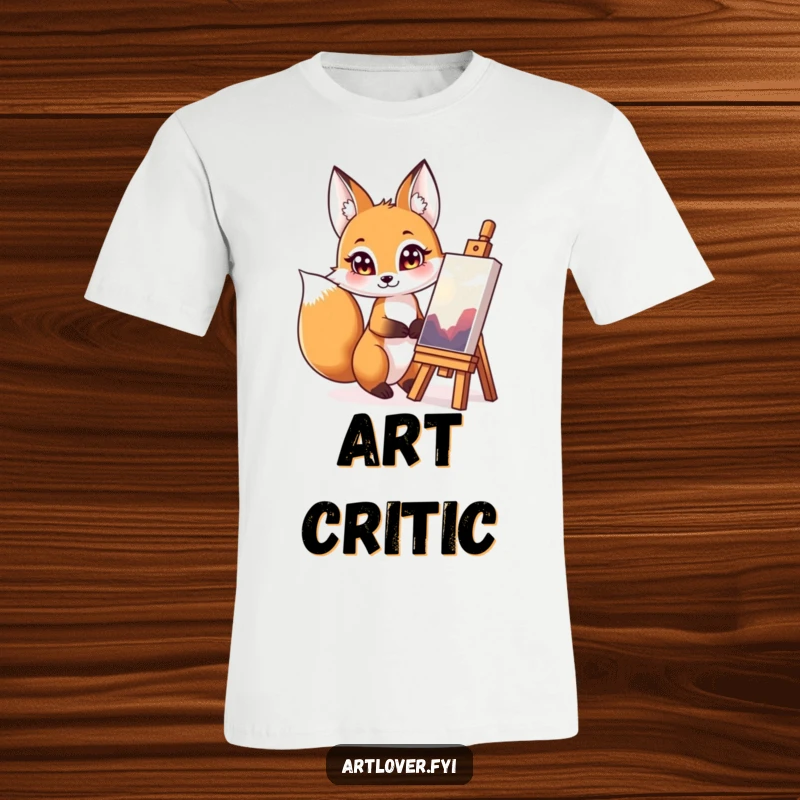 Funny fox art admirer t-shirt, a stylish tee with a fox gazing admiringly at a vibrant, finished artwork.