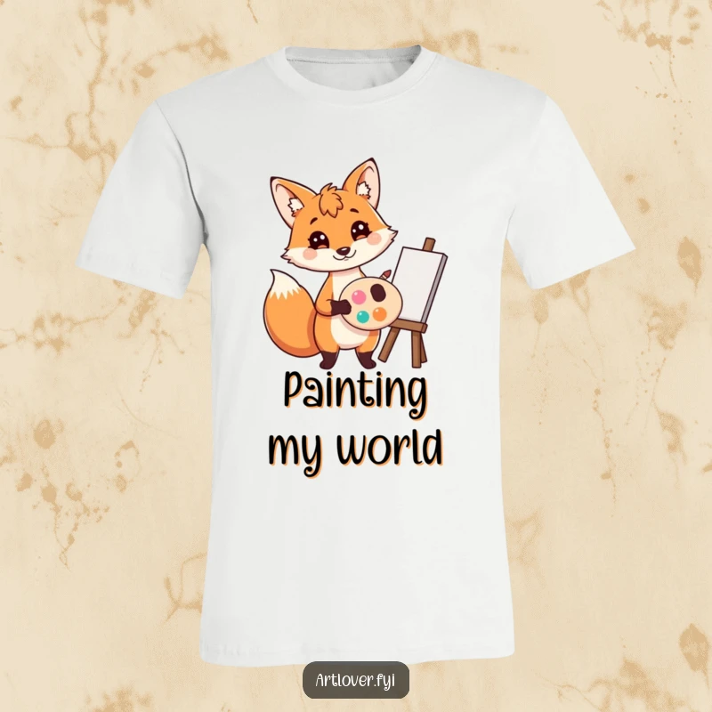Funny Fox Artist T-Shirt: A playful fox artist holding a palette and brush, showing artistic focus, great funny gift.