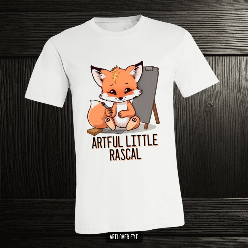 Funny fox cub t-shirt, a mischievous cub playfully sketching with charcoal, showing off artistic talent, ideal for art enthusiasts.