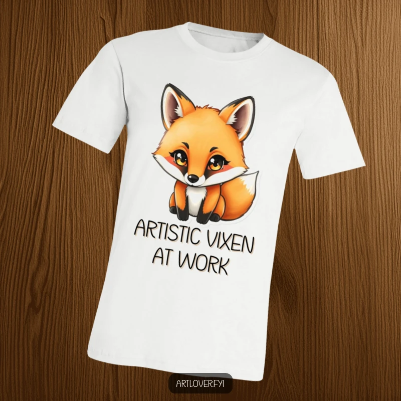 Funny fox with incredibly focused eyes, diligently drawing with a charcoal stick, printed on a comfortable t-shirt.