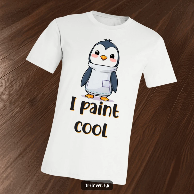 Funny t-shirt featuring a happy penguin artist wearing a smock, holding a paintbrush and palette, looking proud of its artistic endeavors.