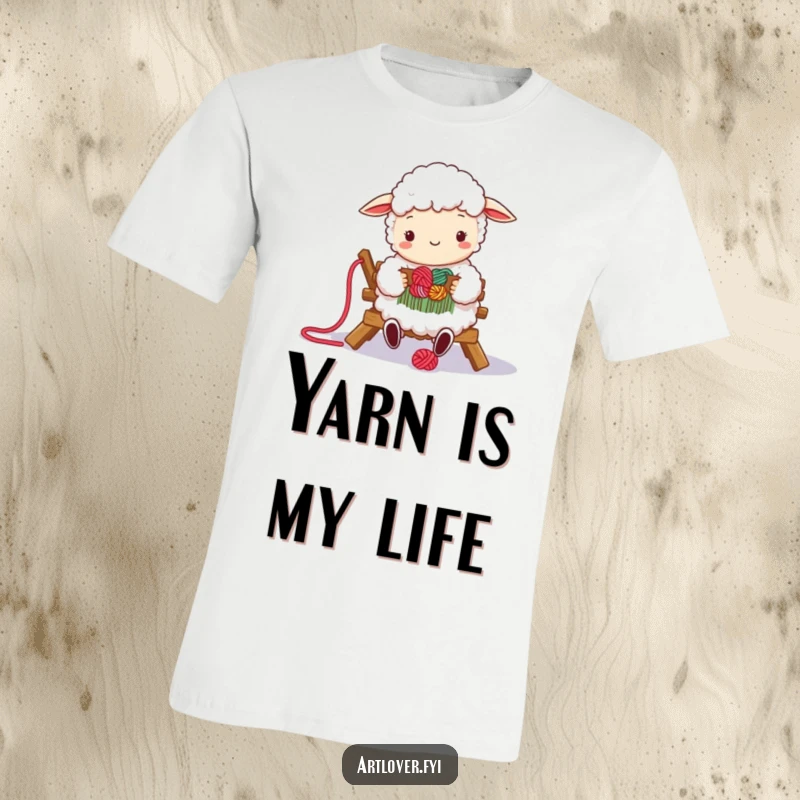 Funny t-shirt depicting a fluffy sheep joyfully weaving vibrant colorful yarn on a small loom, showcasing a love for fiber arts.