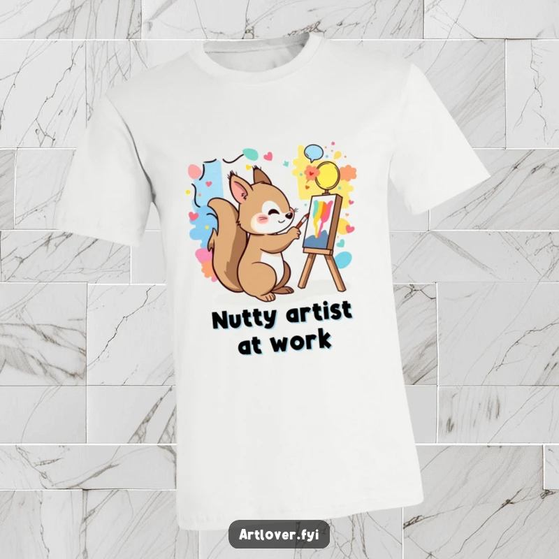 Funny T-shirt depicting a playful squirrel painting a vibrant and colorful mural.