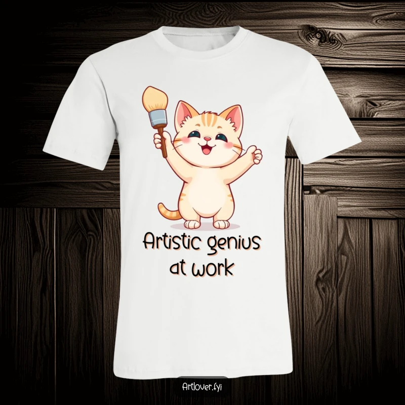 Funny T-Shirt: A gleeful kitten stands victoriously, paintbrush raised high, showcasing a triumphant artist's spirit and a love for creative mess.