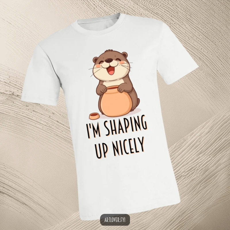 Funny T-Shirt showcasing a happy otter artist smiling while molding clay on a pottery wheel, embodying joyful creativity.