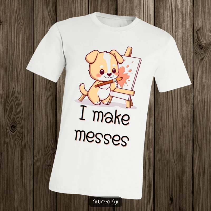 Funny Dog Artist T-Shirt: Adorable dog character energetically splashing vibrant paint onto an art canvas with a brush.