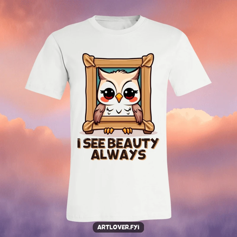 Funny Owl Art T-Shirt: A joyful owl intently admiring a framed masterpiece, exuding intellectual curiosity, great funny gift.