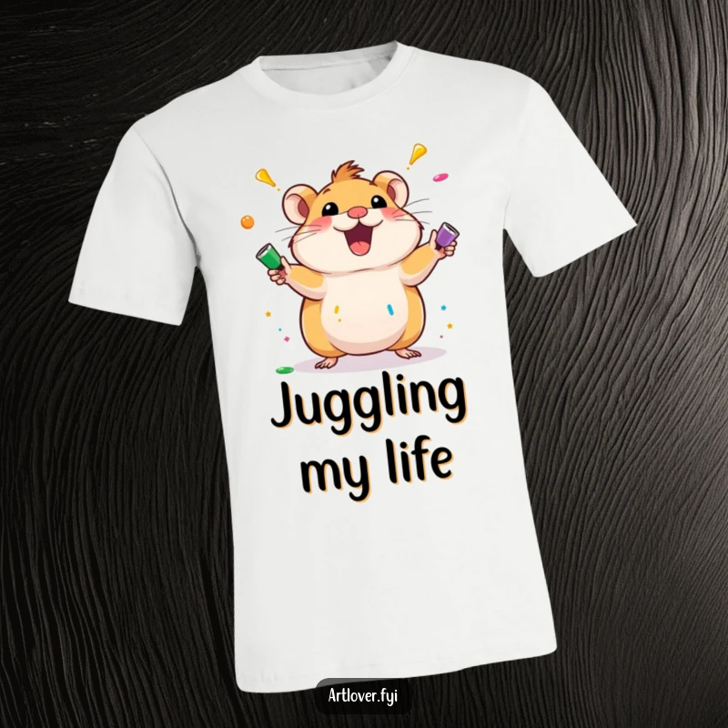 Funny hamster juggling t-shirt with an excited hamster character juggling colorful paint tubes. A vibrant and humorous apparel choice.