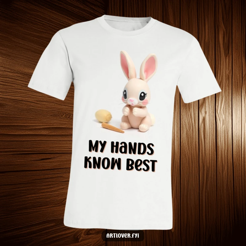 Funny t-shirt showcasing a rabbit with intense focus sculpting a small clay figure, highlighting artistic dedication.