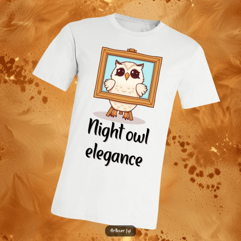 Funny owl t-shirt featuring a delighted owl character admiring a framed painting, showcasing artistic contemplation. A humorous apparel piece.