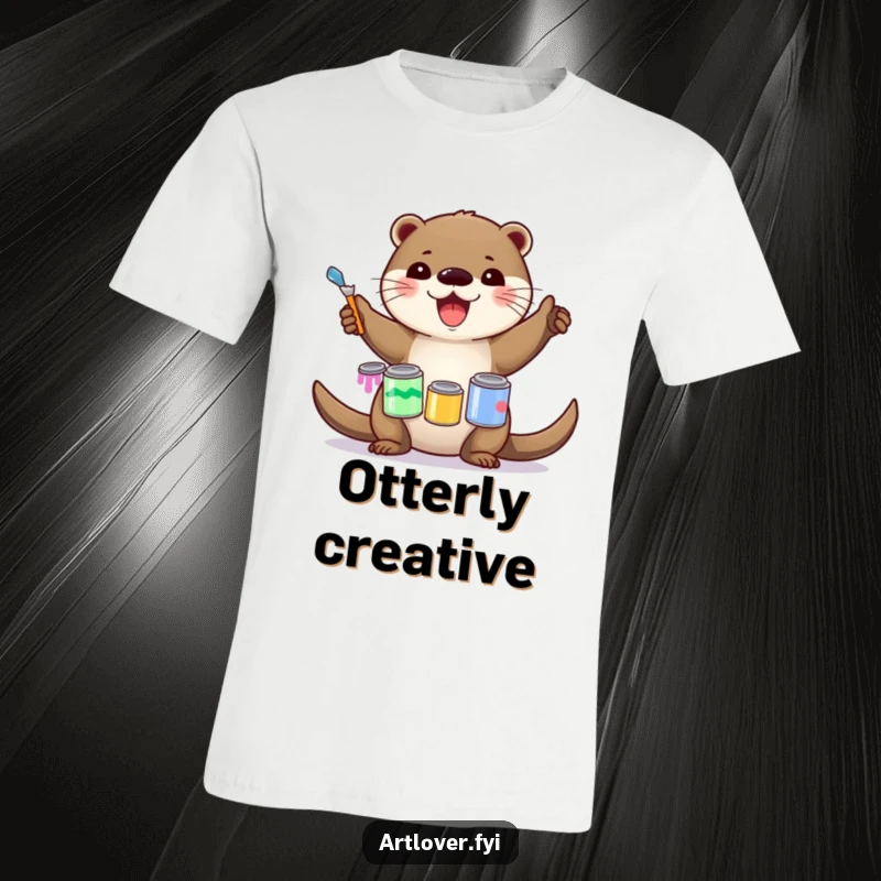 Funny T-Shirt: A delighted otter artist wobbling slightly but smiling, holding stacks of colorful paint cans, mid-balancing act, funny gift.
