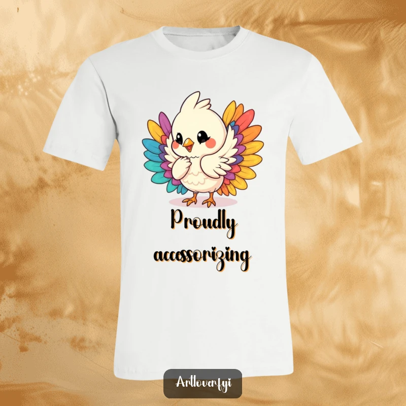Funny t-shirt displaying a happy bird character humming softly while meticulously sorting and arranging a collection of bright, colorful feathers.