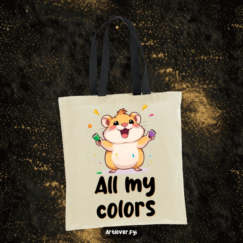 Funny hamster tote bag with an excited hamster character juggling colorful paint tubes. A charming and humorous accessory for art lovers.