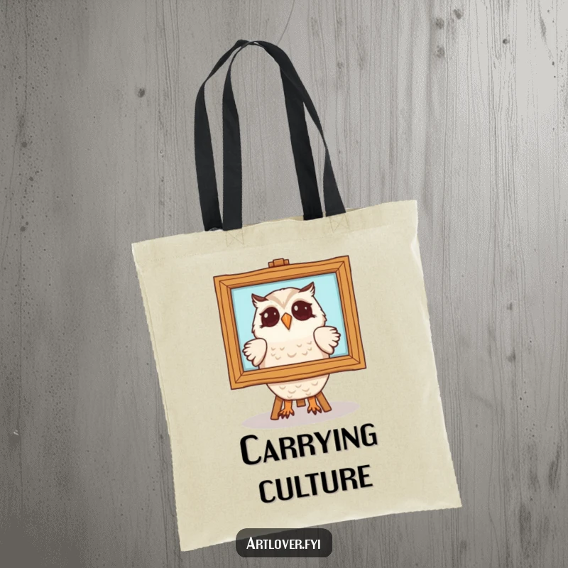 Funny owl tote bag featuring a delighted owl character admiring a framed painting. A stylish and humorous accessory for art enthusiasts.