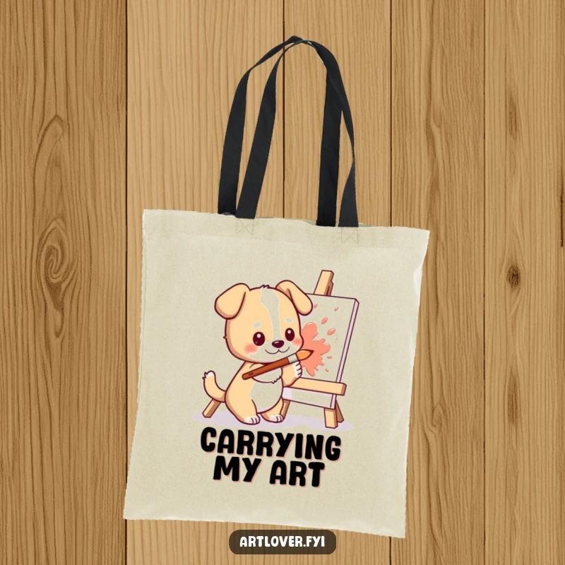 Funny Dog Artist Tote Bag: Cute dog character enthusiastically splashing paint onto a canvas, ready to carry your art supplies.