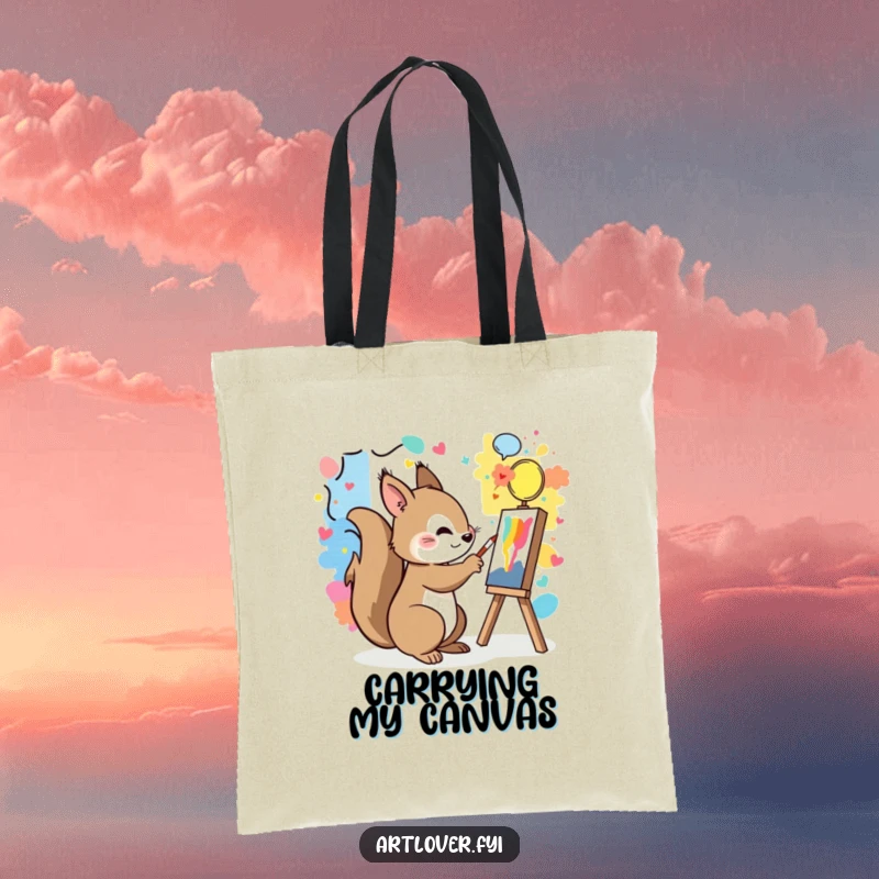 Funny tote bag with a playful squirrel painting a colorful mural, creating a masterpiece.