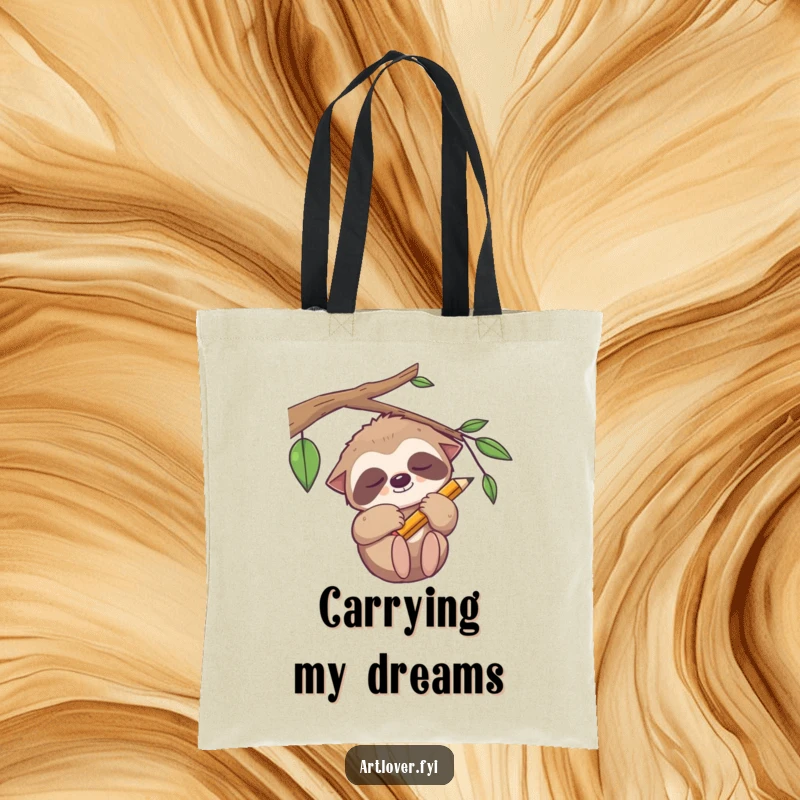 Funny sleepy sloth tote bag, a relaxed artist holding a pencil, practical and stylish for everyday use.