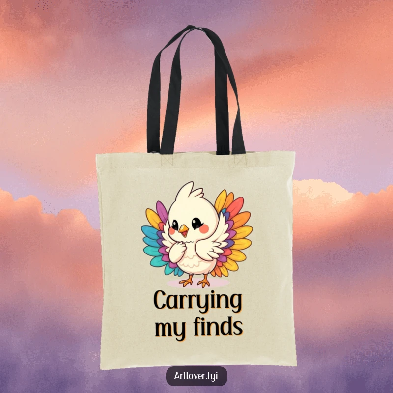 Funny tote bag featuring a bird character humming and arranging a pile of colorful feathers, perfect for carrying art supplies or daily items.