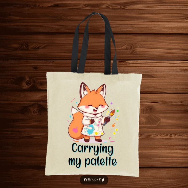Funny tote bag with a fox wearing a smock and splattering paint, perfect for carrying art supplies. A humorous accessory.