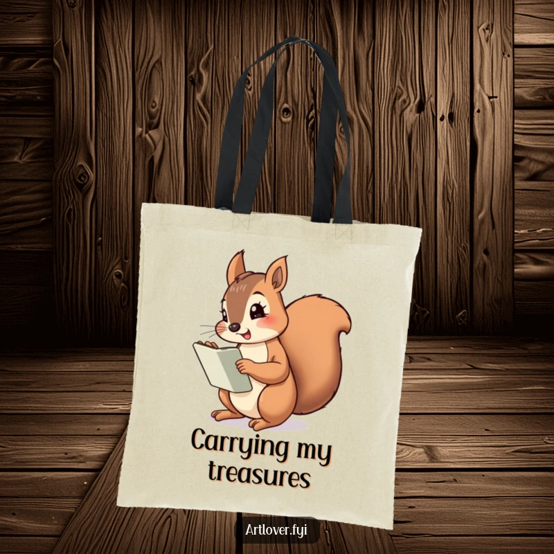 Funny Squirrel Artist Tote Bag with a cheeky squirrel and sketchbook, ideal for carrying essentials humorously.