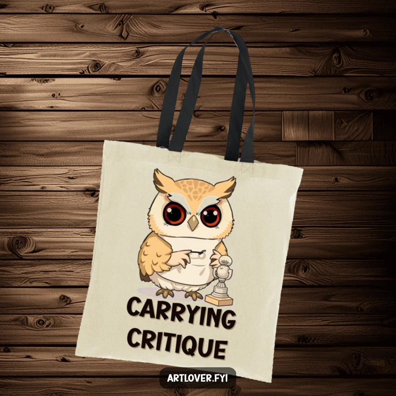 Funny tote bag with a curious owl in a smock, examining a tiny sculpture, showcasing artistic appreciation and wisdom.