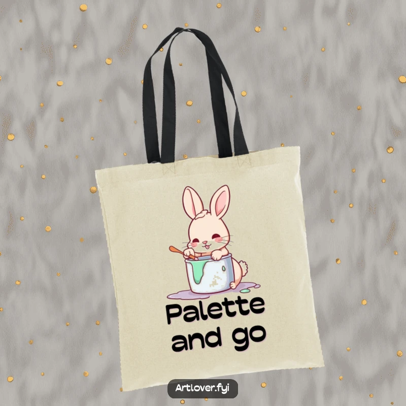 Funny art rabbit tote bag, a durable canvas bag showcasing a playful bunny creating colorful art with its paw.