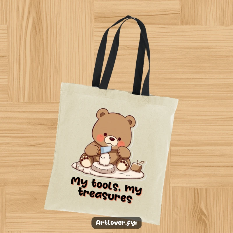 Funny bear skillfully using a chisel to carve a small statue, featured on a spacious and artistic tote bag.