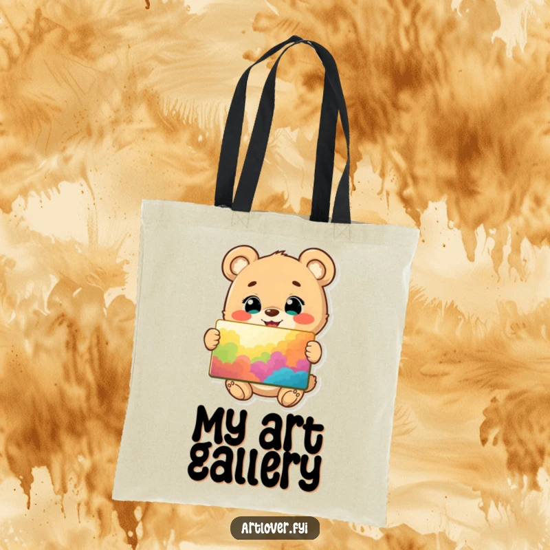 Funny tote bag with a happy bear cub, eyes shining, proudly showcasing a colorful and vibrant painting it created.