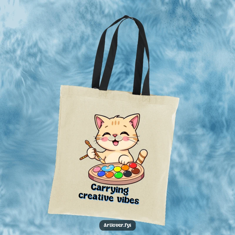 Funny Cat Artist Tote Bag with a happy cat holding a paintbrush and palette, ideal for carrying art supplies humorously.