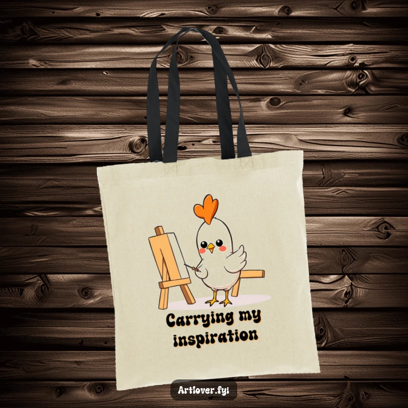 Funny Tote Bag: A cheerful chicken artist with paint on its feathers, carrying art supplies, ready to create, funny gift.