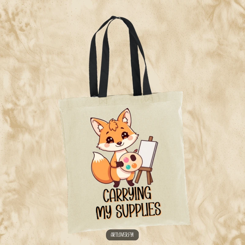 Funny Fox Artist Tote Bag: A playful fox artist holding a palette and brush, showcasing artistic tools, perfect funny gift.