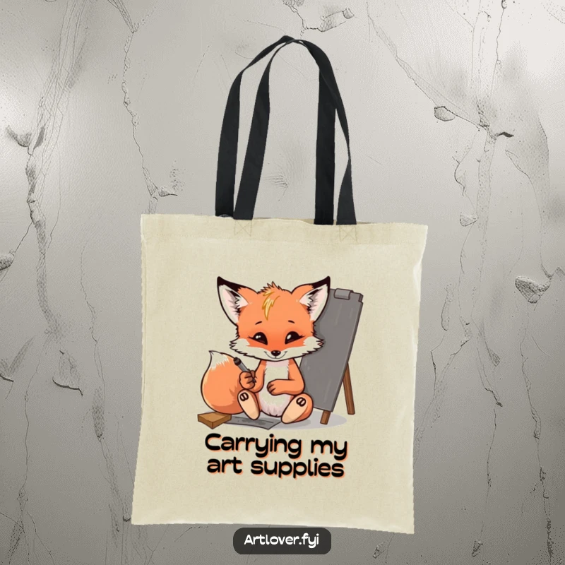 Funny fox cub tote bag, a mischievous cub sketching charcoal on paper, a practical and stylish accessory for art lovers.
