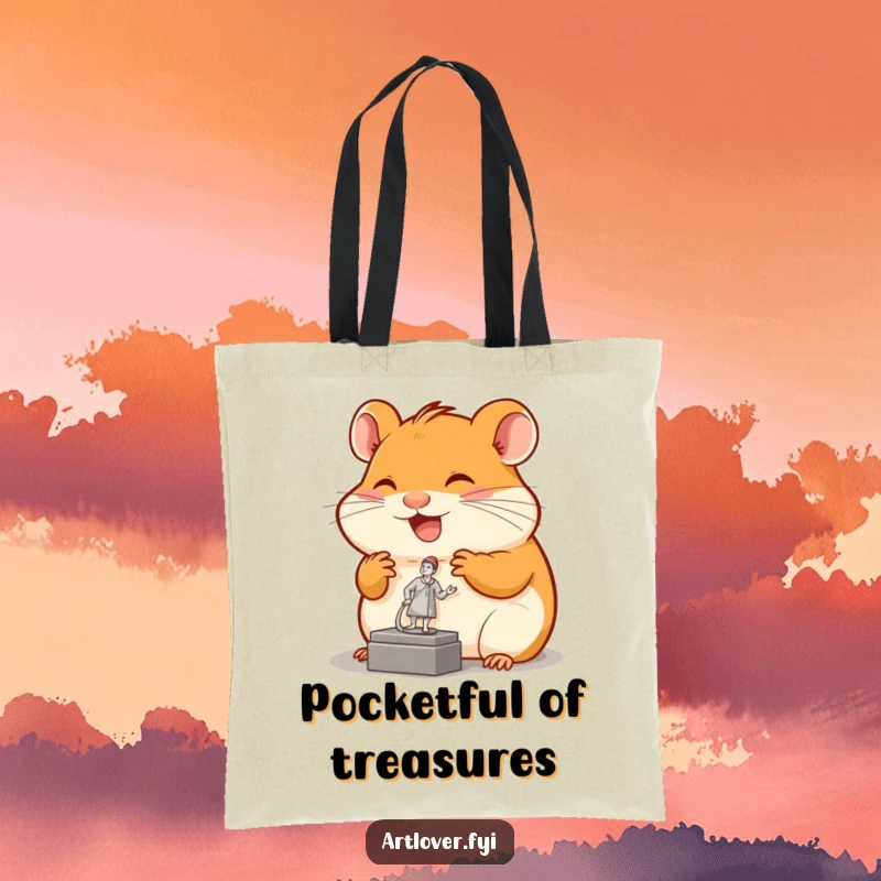 Funny hamster tote bag depicting a joyful rodent admiring a tiny sculpture, perfect for art enthusiasts and pet owners.