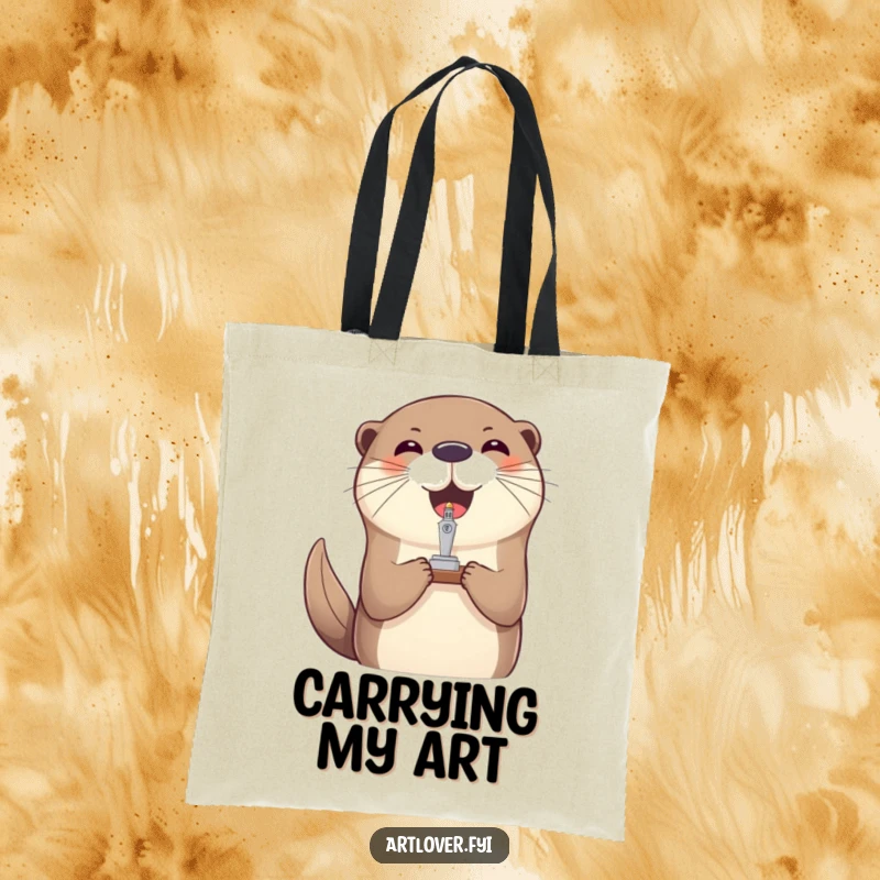 Funny otter sculpture tote bag, a durable bag featuring a joyful otter balancing a small, delicate sculpture.