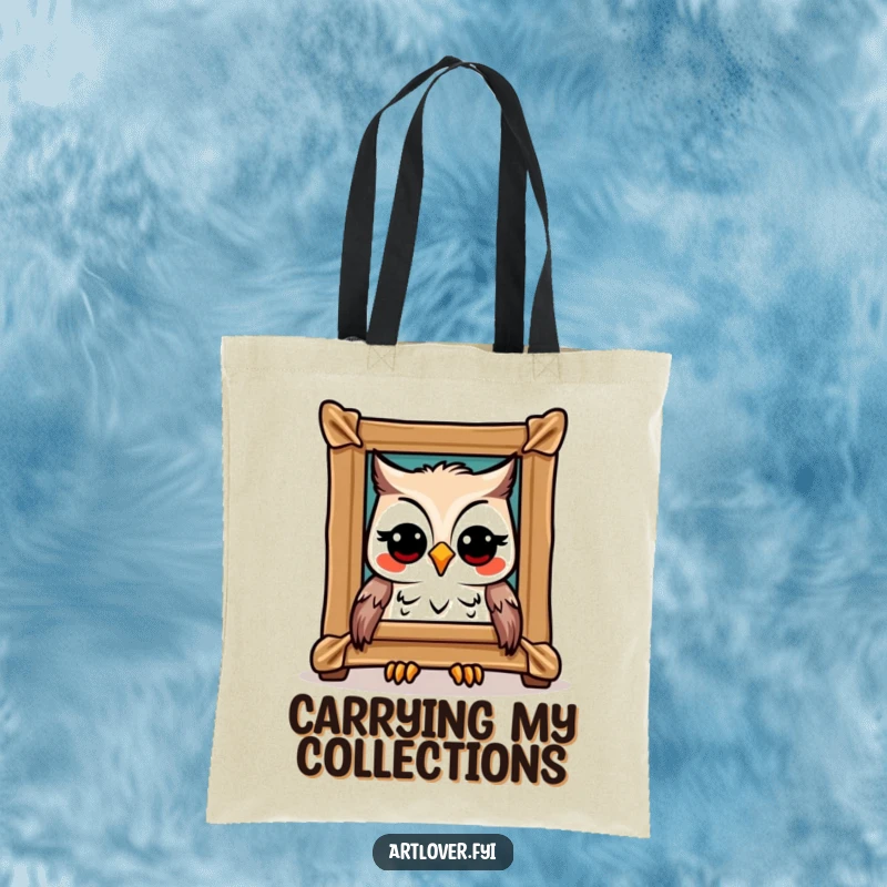 Funny Owl Art Tote Bag: A joyful owl admiring a framed masterpiece, showcasing artistic appreciation, perfect funny gift.